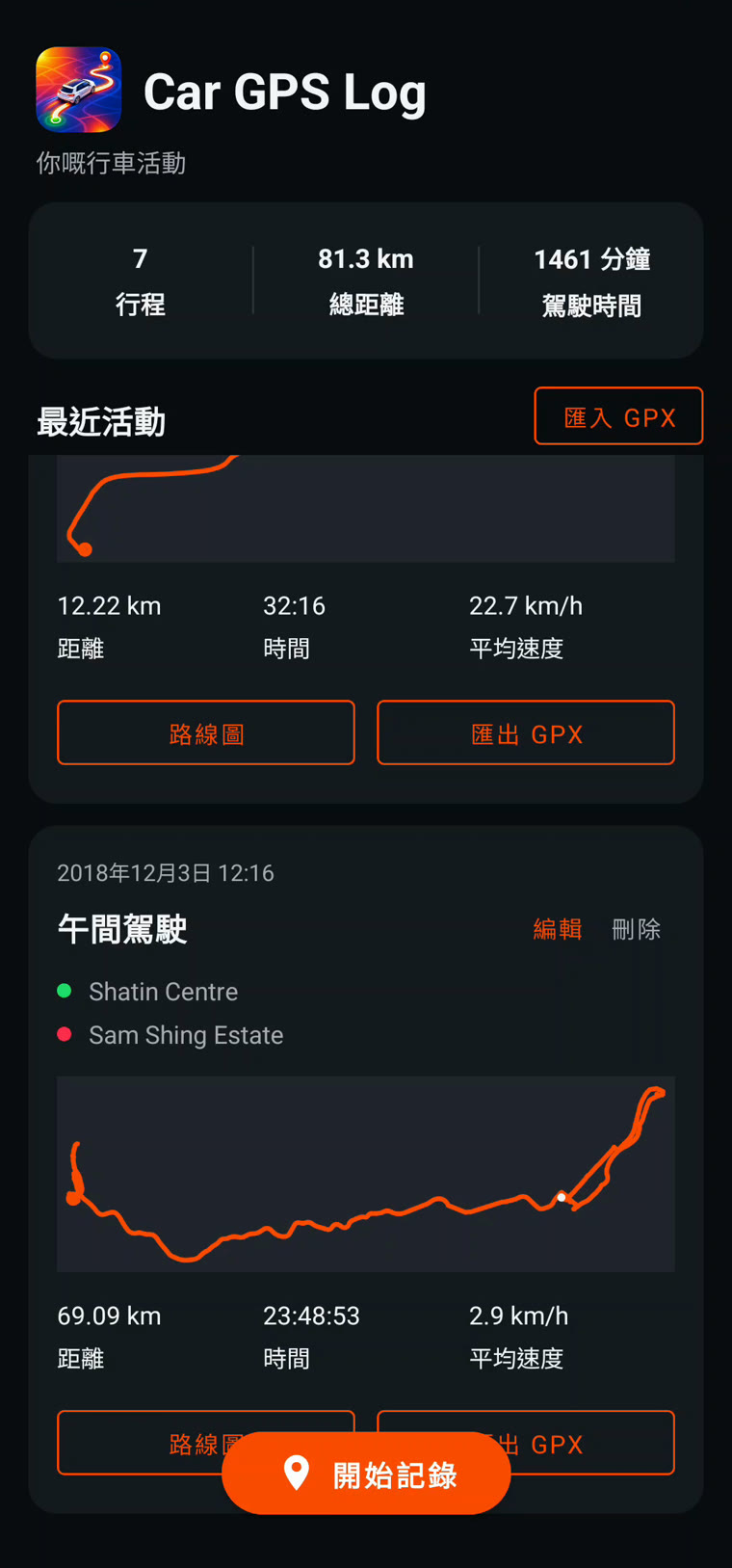 Car GPS Log 主畫面：行程總數、總距離、駕駛時間，以及每段行程的橙色路線圖、距離、時間和平均速度。